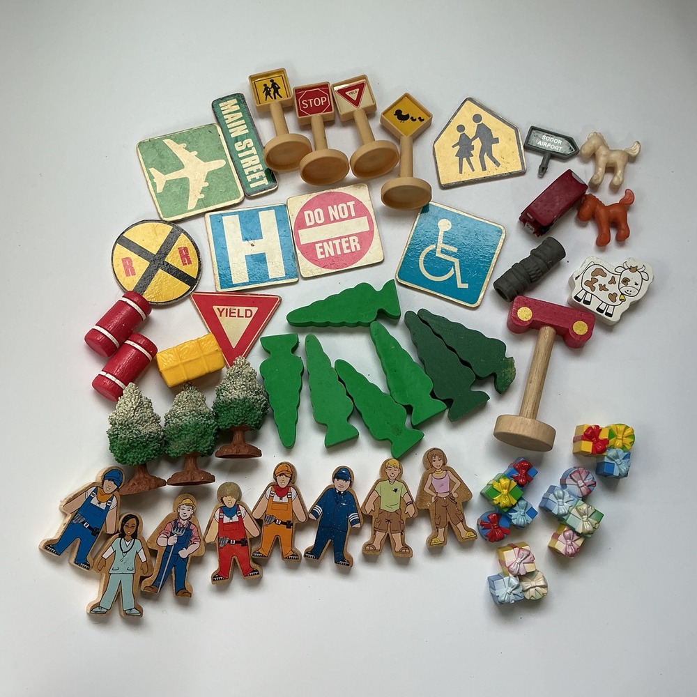 Mixed Lot Wooden Toy Train Accessories People Trees Traffic Signs Animals